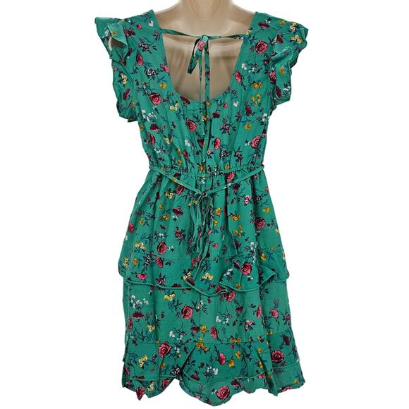 Lottie & Holly B.O.G Womans size S Green Floral Cap Sleeve Mini Dress Tiered NEW - Picture 4 of 8